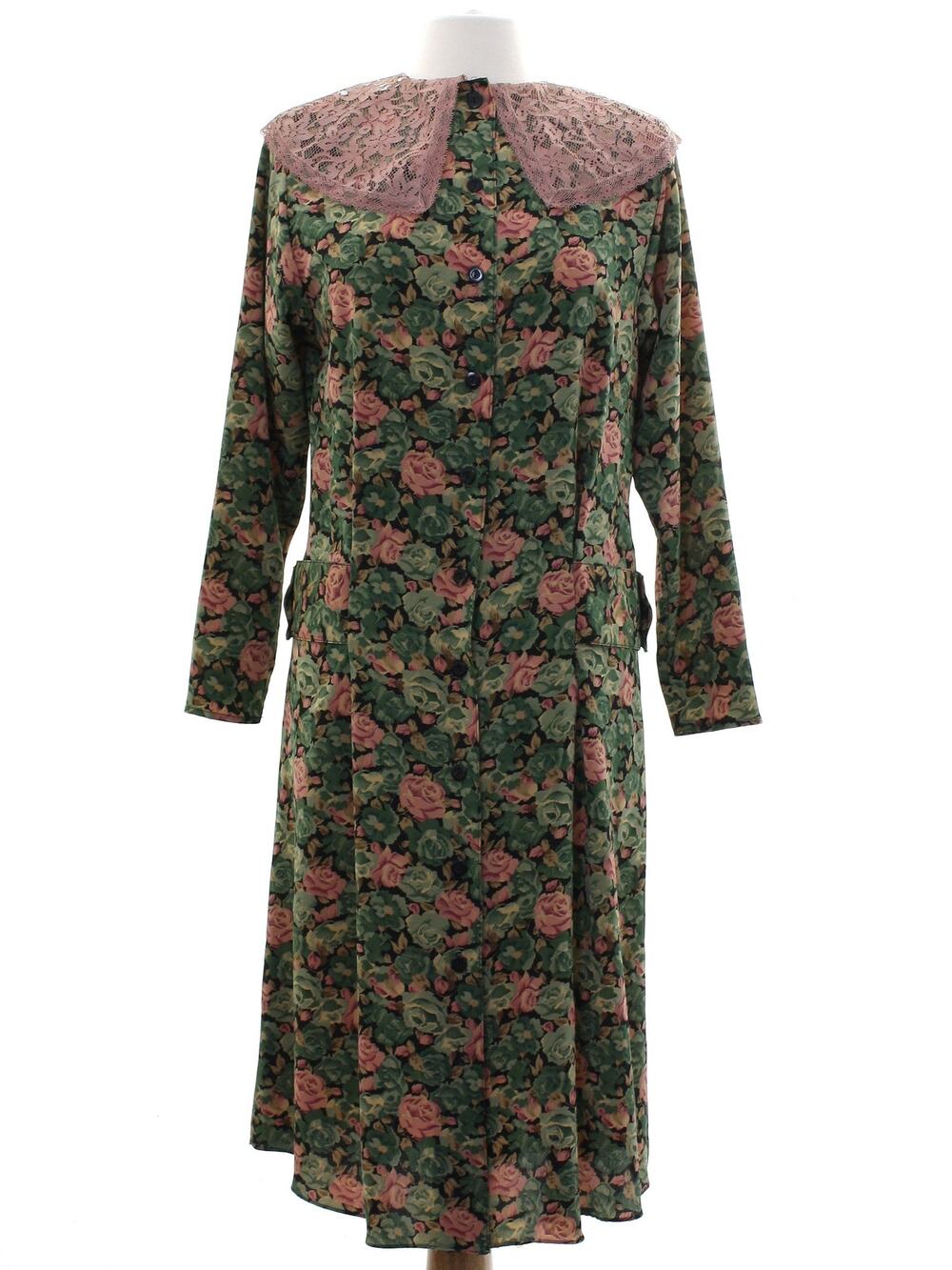Vintage 80s Mindy Malone Floral Rayon Midi Dress Lace Collar Women's 4